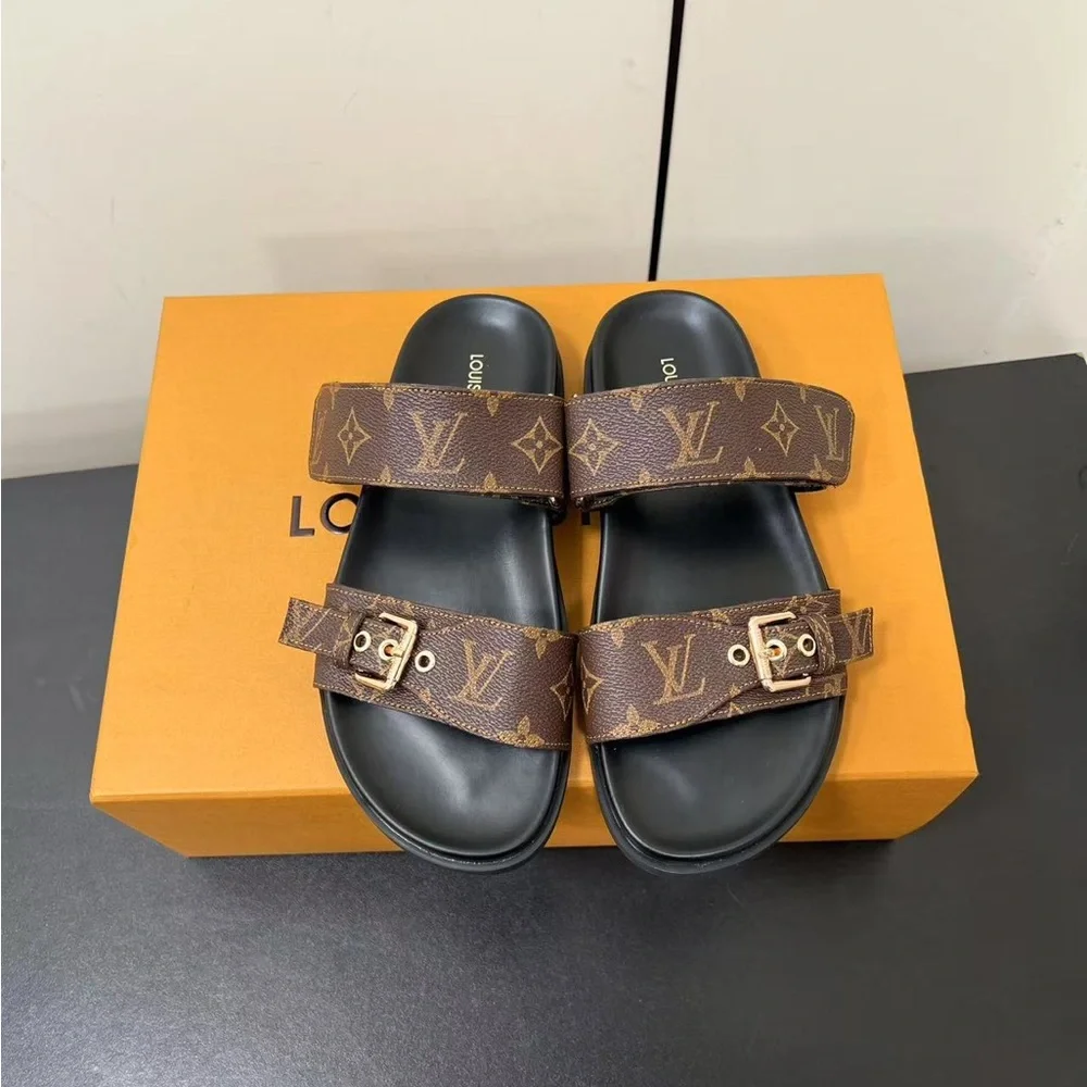 Louis Vuitton Brown Monogram Double-Strap Slide Sandals